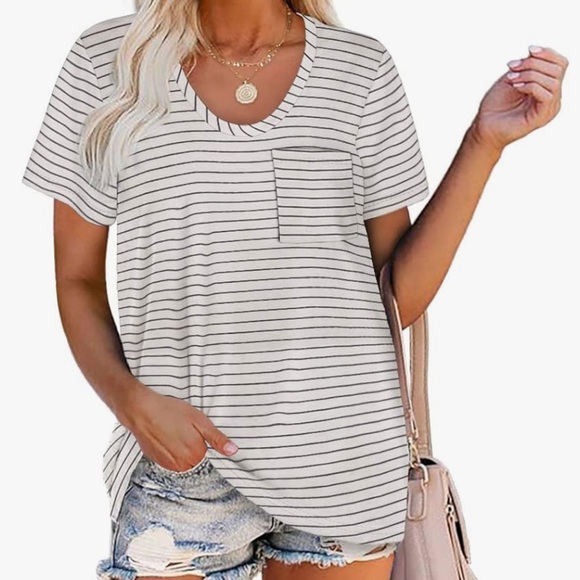 White Striped Summer T Shirt Short Sleeve Rounded V Neck Pocket Tee Size Small - Picture 1 of 2